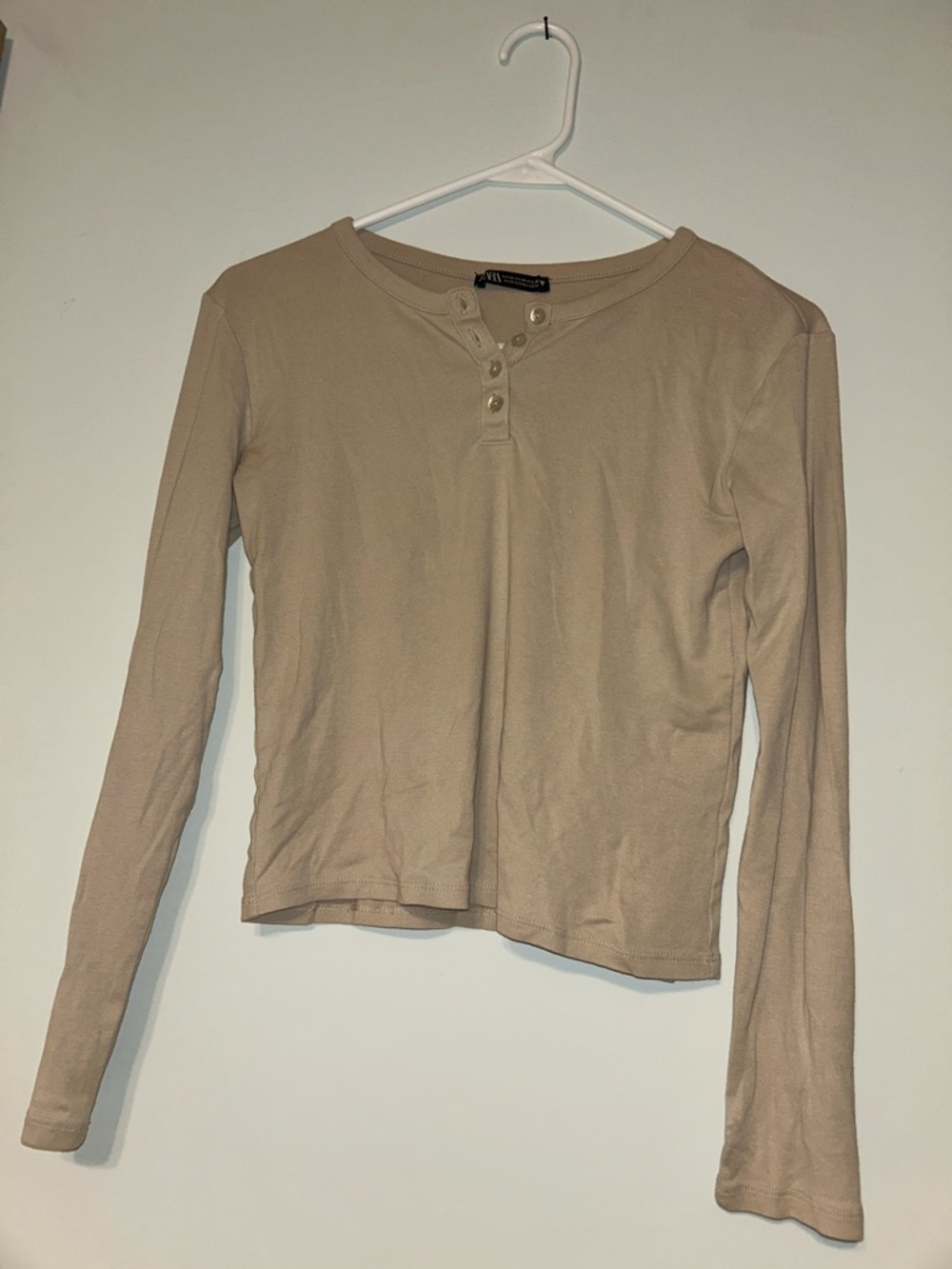 Zara Beige Long Sleeve Henley Top - Women's